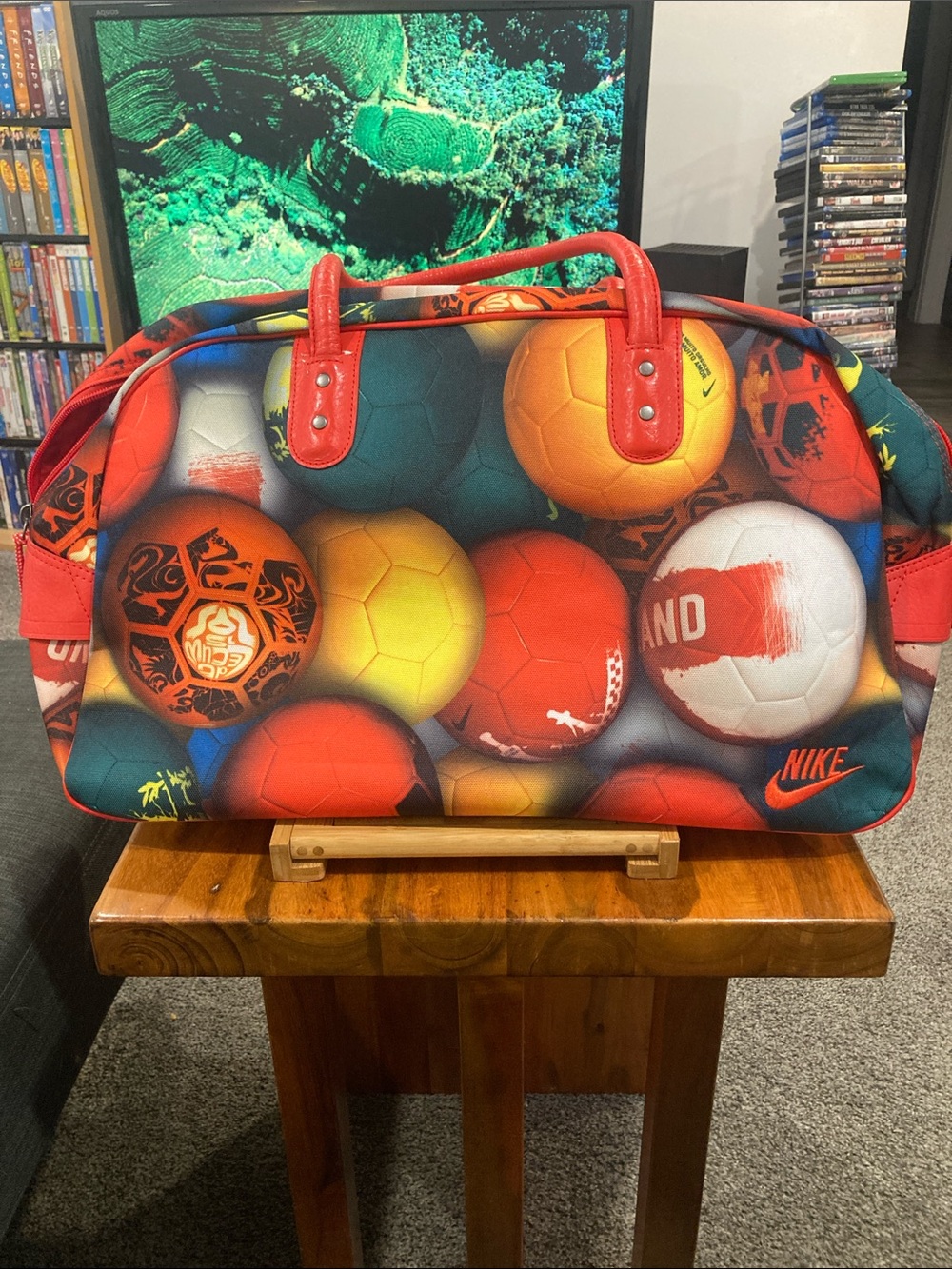 Nike Red and Yellow Soccer Ball Print Duffel